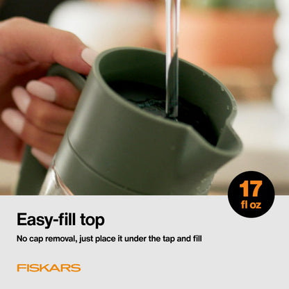 Fiskars Glass Watering Can for Indoor Plants, Small Pitcher for Succulents & Herbs, Easy Fill Top Design and Mess Free Pouring with Narrow Spout for House Plants, Modern Decor Style, 17 oz, Clear