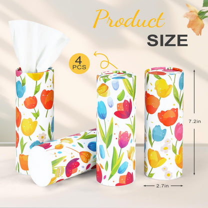 GOMEW Car Tissue Holder (4 PK) - 50 3-Ply Tissues per Cylinder, Fits Car Cup Holders, Portable Travel Tubes Box Container, Tulip Design, Round Tissue Container for Car Accessories