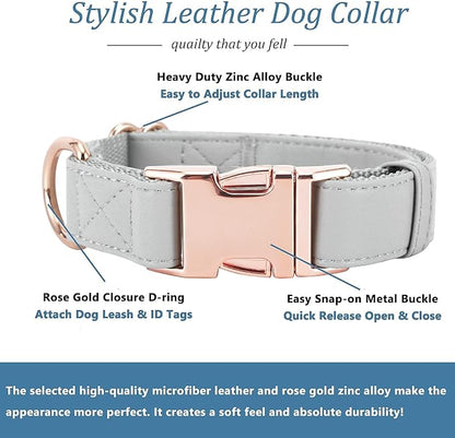 Dog Collar and Leash Set.Soft and Easy to Clean Vegan Leather with Rose Gold Metal Buckle for Small Medium Large Dogs (Grey, L(15.4”-24.8“)