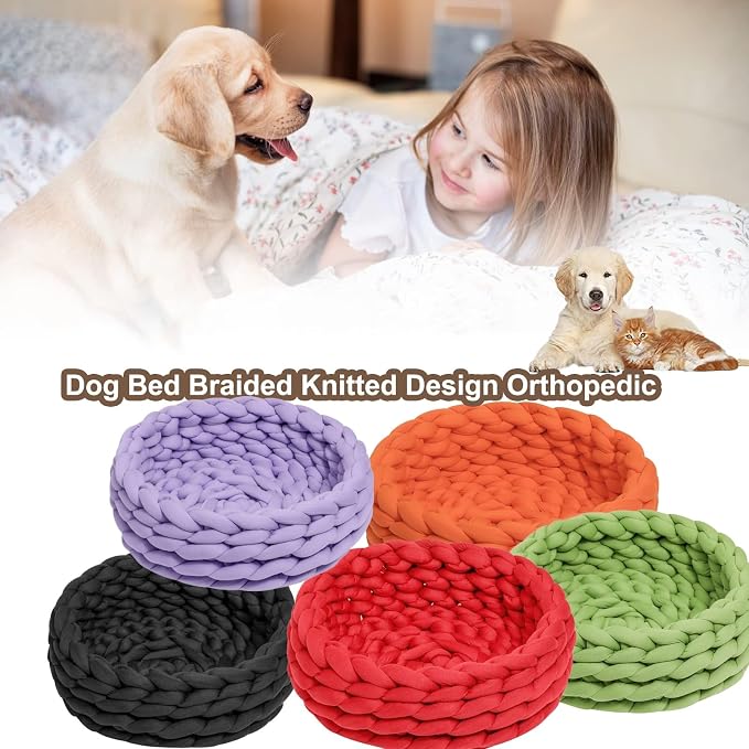 Woven Dog Bed Basket, Knitted Cotton Cat Bed Round Washable Woven Cat Pet Bed Chunky Dog Basket, Orthopedic, Chunky Knit Dog Nest,Dog Bed,Dog Cave,Dog Bedding(Green 2,21")