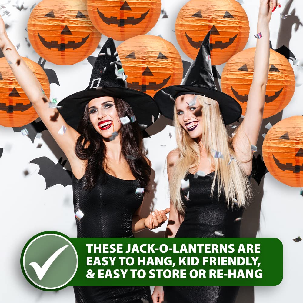 Mudra Crafts Hanging Pumpkin Lanterns Outdoor Indoor Jack-o’-Lantern Halloween Decorations, 12-Inch Orange Spooky Paper Lantern Lamps for Halloween Party Decor, Set of 10
