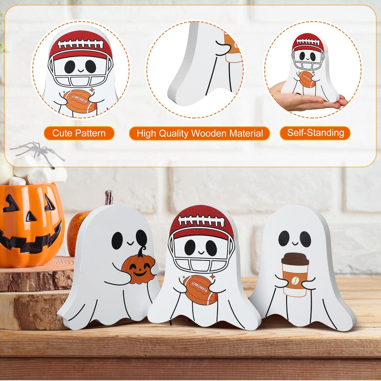 Geelin 3 Pcs Halloween Coffee Bar Ghost Decor Cute Halloween Kitchen Decorations Coffee Bar Wooden Tiered Tray Table Sign Football Pumpkin Tabletop Centerpiece for Home Office Freshly Shelf Display