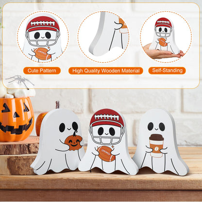 Geelin 3 Pcs Halloween Coffee Bar Ghost Decor Cute Halloween Kitchen Decorations Coffee Bar Wooden Tiered Tray Table Sign Football Pumpkin Tabletop Centerpiece for Home Office Freshly Shelf Display