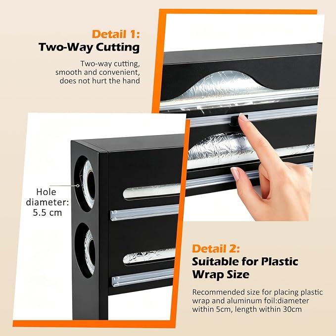 Plastic Wrap Dispenser with Cutter, 3 in 1 Tin Foil Wrap Dispenser Wall-Mounted Organizer for Baking Paper, Foil Dispenser with Cutter Wax Paper Holder Kitchen Storage Box (black)
