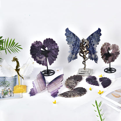 JIC Gem Extra Large Plum Blossom Tourmaline Heart Crystals Stones Healing Crystal Heart Stones Ornament Carved Angel Wing with Display Stand Home Decor Reiki Healing（1 Pair,15-16cm