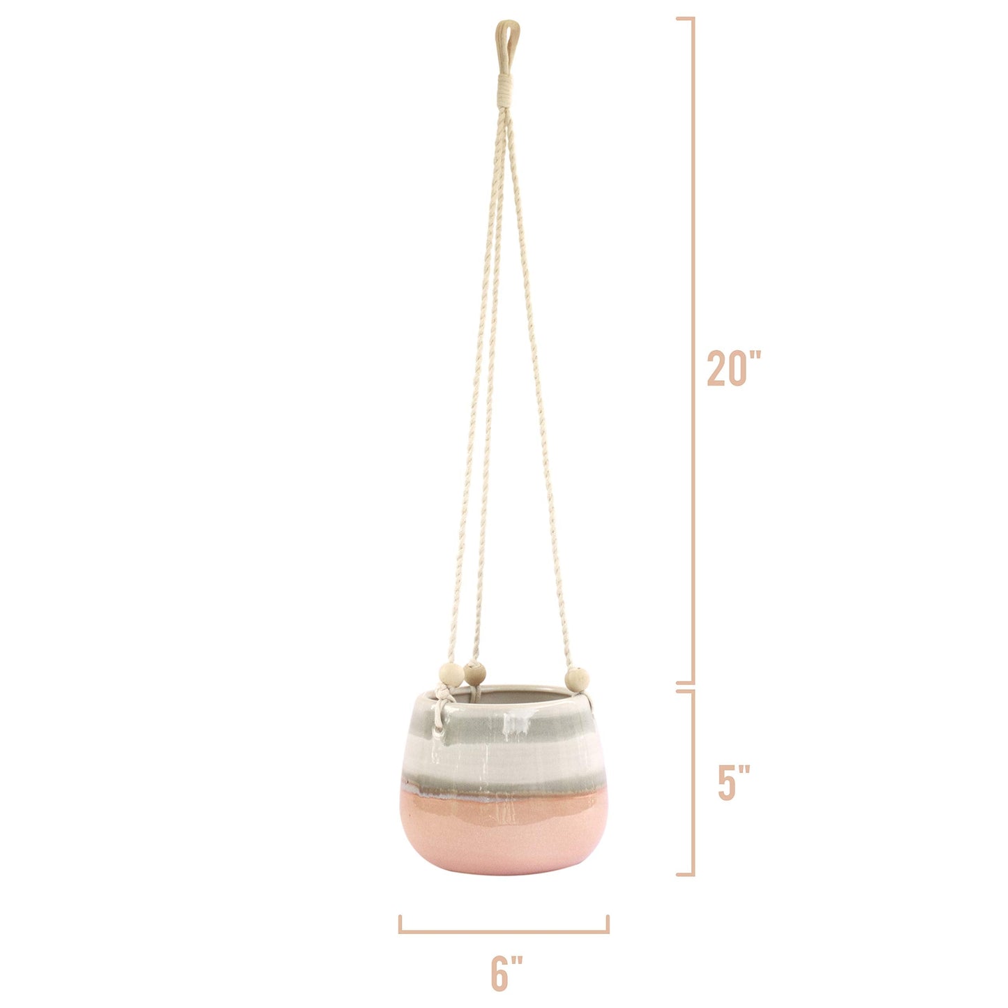 23 Bees Ceramic Hanging Planter, Pink White Succulent Pots, Round Plant Holder Container, Cactus Pot with Cotton Rope Hanger, Indoor Outdoor Decor, (1 Pack x Pink Horizon)
