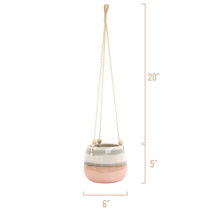 23 Bees Ceramic Hanging Planter, Pink White Succulent Pots, Round Plant Holder Container, Cactus Pot with Cotton Rope Hanger, Indoor Outdoor Decor, (1 Pack x Pink Horizon)