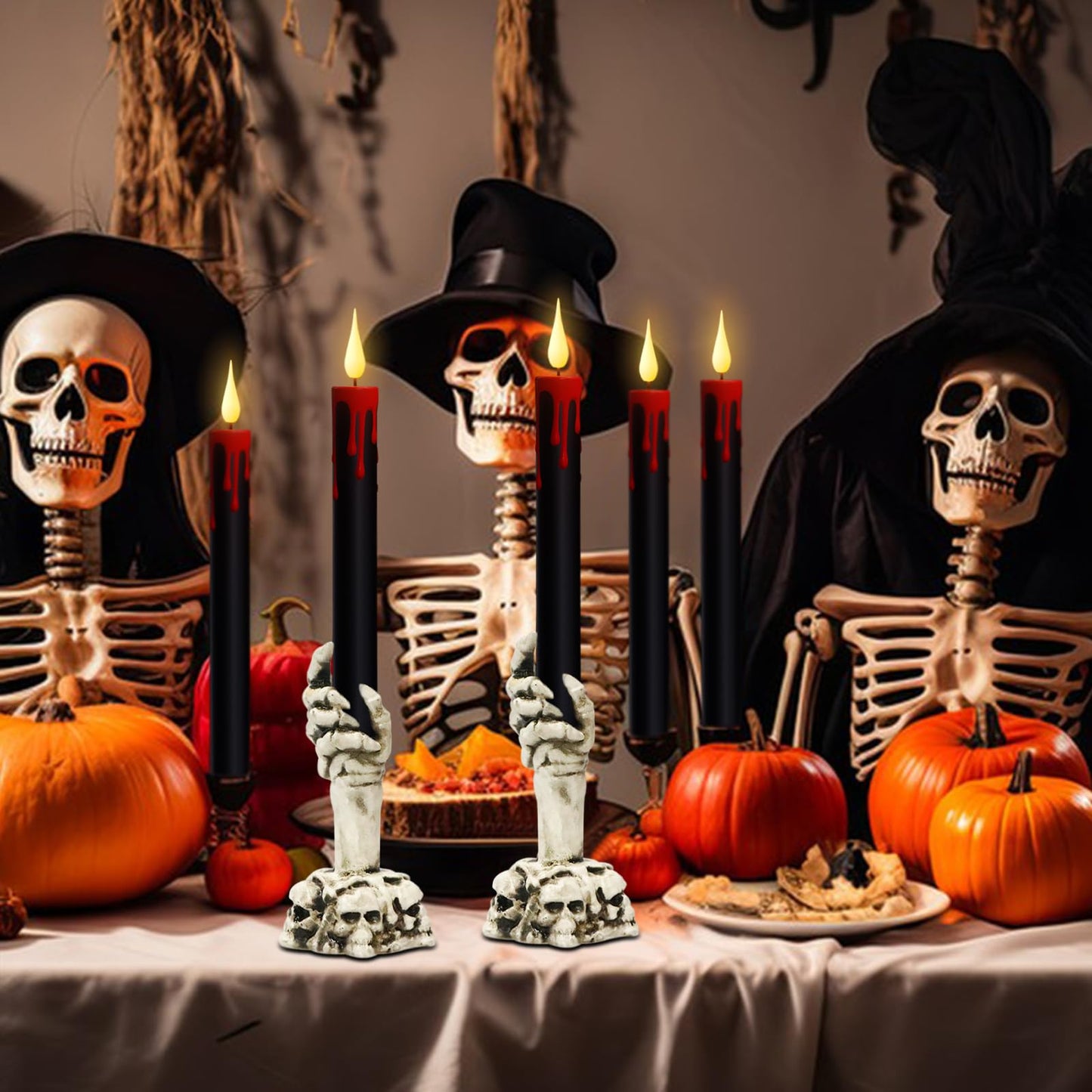KunSwenn Halloween Flameless Taper Candles with Ghost Hand Candlesticks and Remote Timer, Black Led Taper Flickering Battery Operated Candles with 3D Flame for Halloween Spooky Decoration