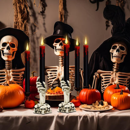 KunSwenn Halloween Flameless Taper Candles with Ghost Hand Candlesticks and Remote Timer, Black Led Taper Flickering Battery Operated Candles with 3D Flame for Halloween Spooky Decoration