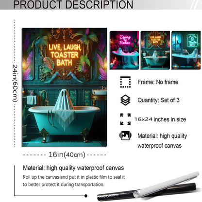 3 Pcs Halloween Ghost Neon Bathroom Canvas Wall Art Neon Sign Dying To Relax Wall Decor Pictures Funny Gothic Ghost Toaster Posters Prints for Restroom Dark Humor indie room Home Decortion Unframed