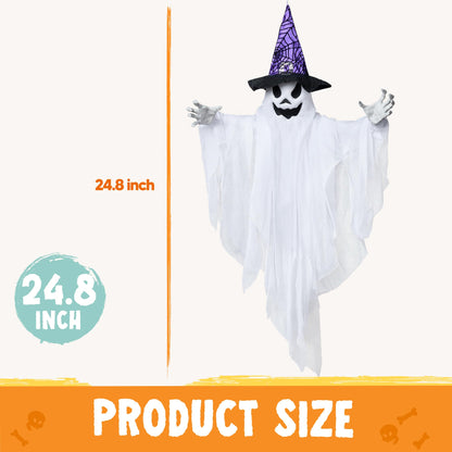 JOYIN 3 Pack 24.8" Halloween Hanging Ghost Decorations, Halloween White Flying Ghosts with Hats for Haunted House Graveyard Scene, Spooky Indoor and Outdoor Decor