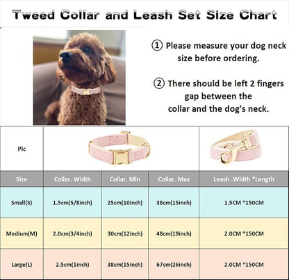 Luxury Soft Cotton Tweed Fabric Dog Collar & Leash Set with Gold Buckle – Durable Fabric, Stylish Design for Everyday Walks(Medium Pink)