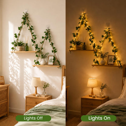 RICHER HOUSE Macrame Floating Shelves for Wall No Drilling, Boho Hanging Shelf with Artificial Ivy and LED Lights, Plant Wall Decor for Living Room Bedroom Dorm