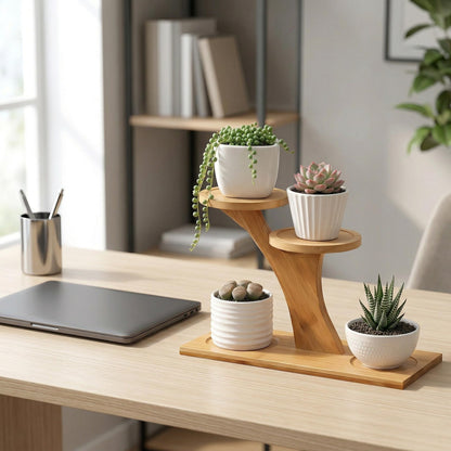 DCAEKUX Bamboo Plant Stand, 3 Tier Window Sill Plant Shelf, Desktop Small Indoor Plant Stand, Bamboo Table Top Plant Shelf for Succulent Herb, Perfect for Window Sill, Living Room, Home Office, Patio Balcony Decor & Gift