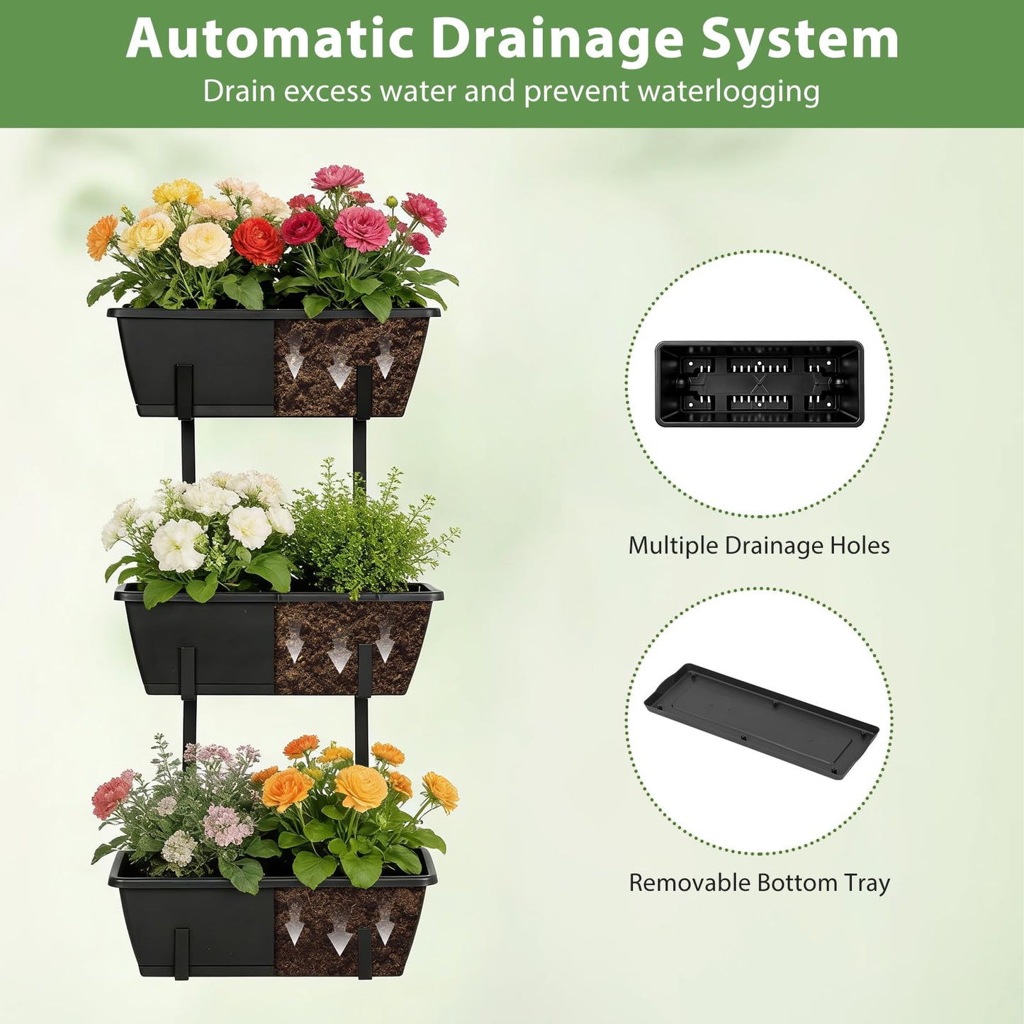 OYEAL Railing Planter Box 3 Tier Vertical Window Boxes Planter Outdoor with Adjustable Brackets & Rectangular Flower Pots Deck Railing Hanging Flower Pots for Patio, Lawn, Porch, Balcony Decor, Black