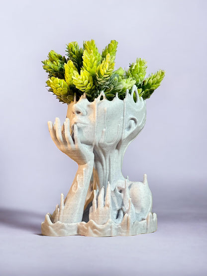Woman Head Planter face Flower Pot Melted Sculpture Art Girl Succulent Plant Lover/with-Drainage Hole houseplants and drip Tray Included [Marble Stone Color]