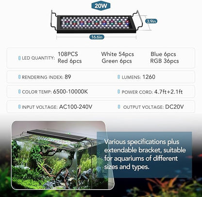 hygger Sun Moon LED Aquarium Light, Full Spectrum Fish Tank Light Day-Night Dual Timer, Adjustable 6 Timer 10 Brightness 8 Colors for Planted Freshwater Tank (20W for 18~24in Long Tank)