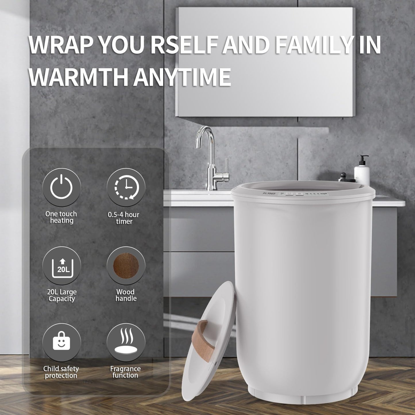 Large Towel Warmer for Bathroom - Heated Towel Warmers Bucket, Wood Handle, Auto Shut Off, Fits Up to Two 40"X70" Oversized Towels, Bathrobes, Blankets, Best Ideal for Mother's Gifts
