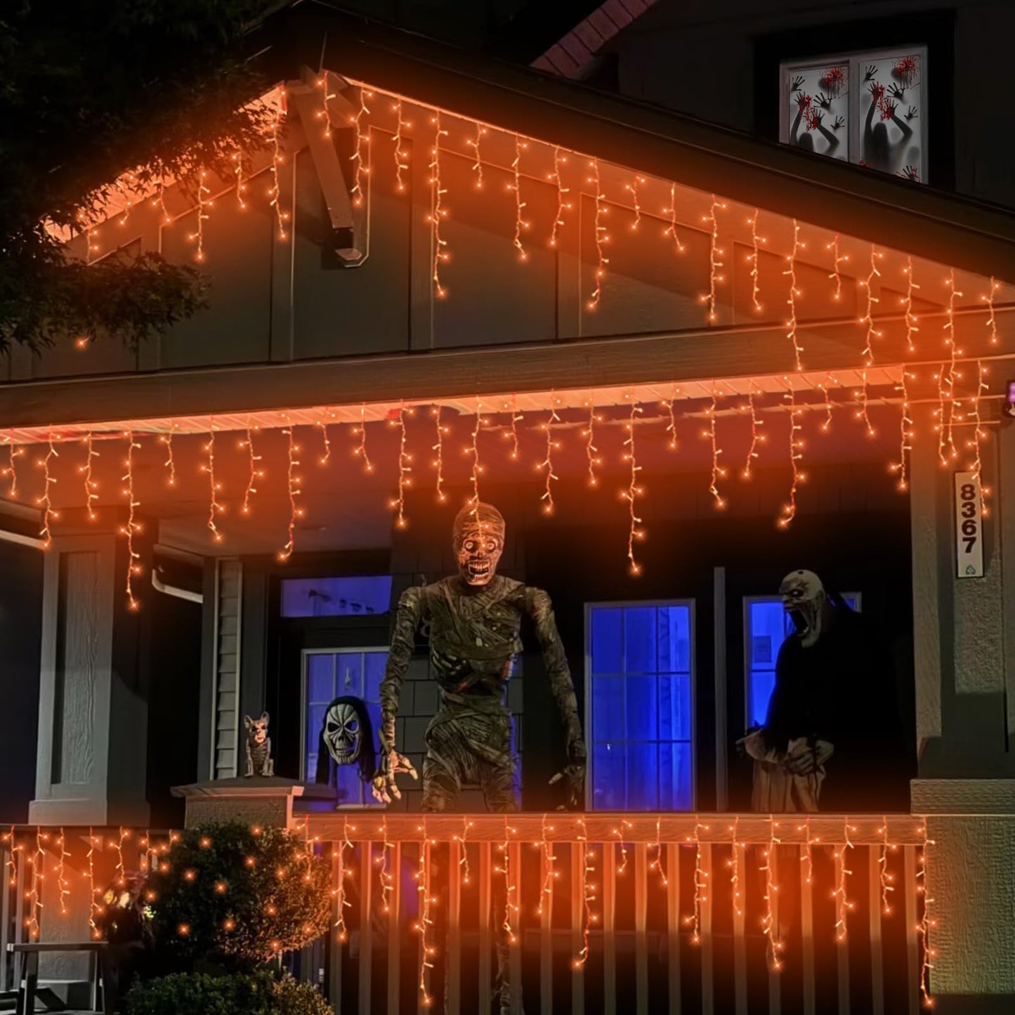 QITONG Orange Icicle Lights for Outside, 33ft 400 LED String Light with 8 Modes, Clear Wire Connectable Icicle Christmas Lights Indoor Plug in for Halloween Thanksgiving Fall Décor