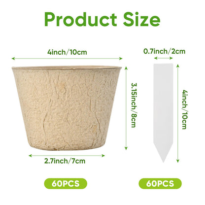 Chunsvia 60 Pack 4” Peat Pots for Seeding with 60Pcs Plant Labels, Biodegradable Seed Starter Pots with Drainage Holes, Garden Germination Nursery Pots
