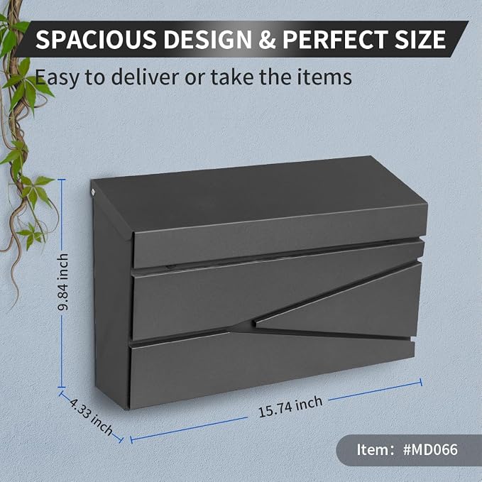 Ydocabinit Wall Mount Mailbox, Large Capacity Mailbox for House, Galvanized Steel Rust-Proof Metal Post Box Drop， Mailboxes for Outside, 15.74"×9.84"×4.33", Black Modern Sleek Style