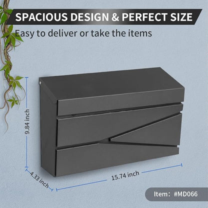 Ydocabinit Wall Mount Mailbox, Large Capacity Mailbox for House, Galvanized Steel Rust-Proof Metal Post Box Drop， Mailboxes for Outside, 15.74"×9.84"×4.33", Black Modern Sleek Style