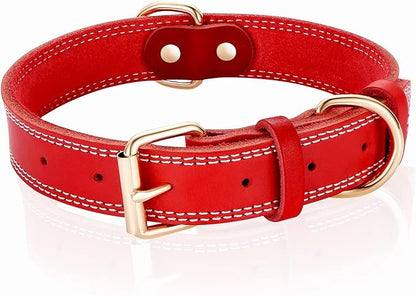 Dog Collar,Genuine Leather Dog Collar, Heavy Duty Dog Collar for Small,.Medium,Large and Extra Large Dog (L: 1.2" Wide for 16.2"-22" Neck,Dual Stitch-Red)