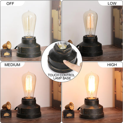 Boncoo Small Touch Control Table Lamp Base, Industrial Touch Light Vintage Edison Bulb Base, Dimmable Bedside Nightstand Accent Light for Living Room Bedroom, Antique Steampunk Style