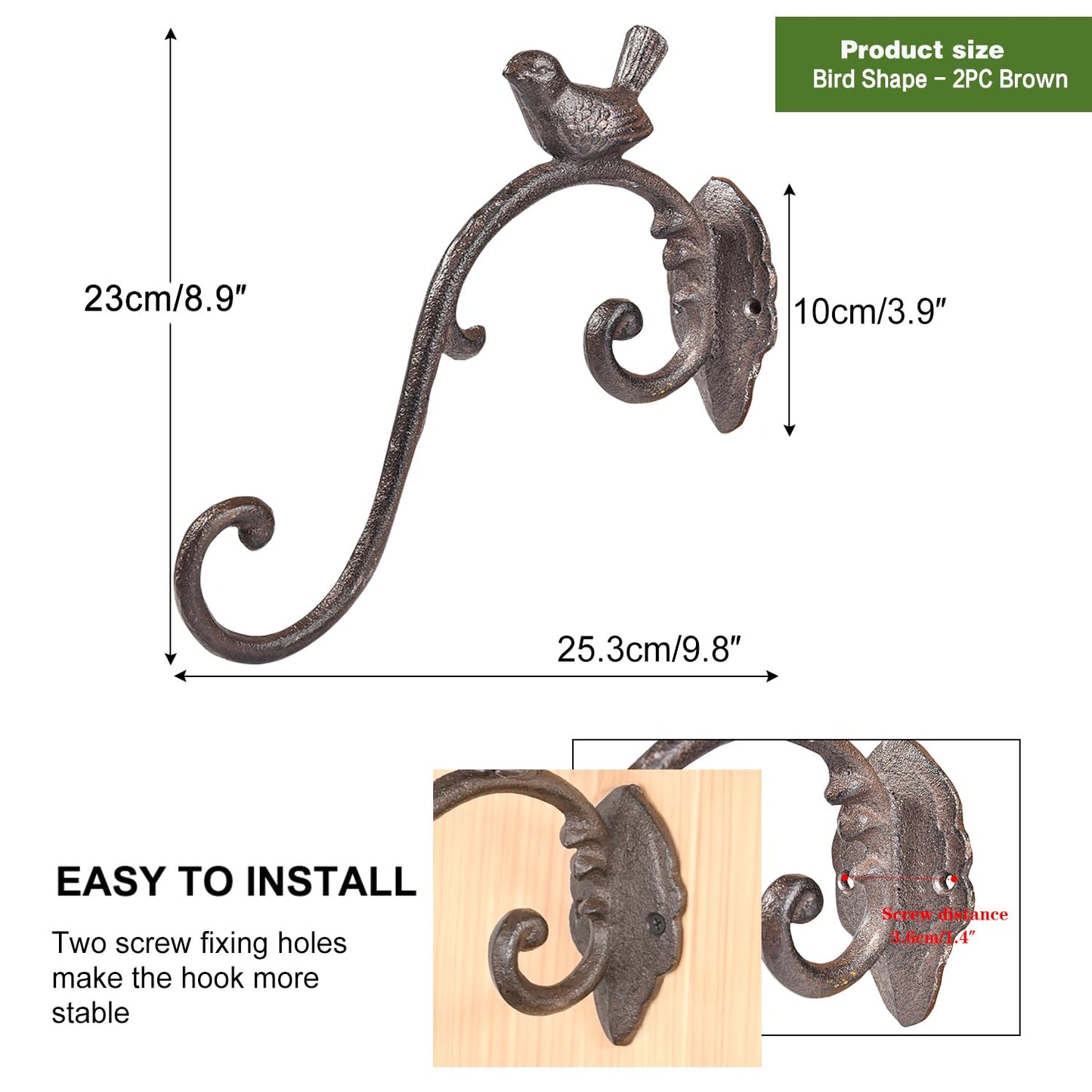 Sungmor Cast Iron Plant Hanger Wall Hooks, Heavy Duty Hanging Basket Brackets, Lovely Bird Shape & 10 inch & 2PC Brown, Decorative Wall Hangers for Planters Lanterns Bird Feeders Houses Wind Chimes