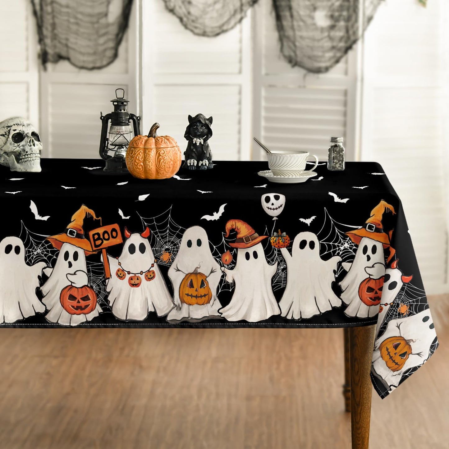 Horaldaily Halloween Tablecloth 60×84 Inch Rectangular, Black Bat Ghost Pumpkin Spider Cobweb Washable Seasonal Table Cover for Party Picnic Dinner Decor