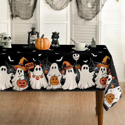 Horaldaily Halloween Tablecloth 60×84 Inch Rectangular, Black Bat Ghost Pumpkin Spider Cobweb Washable Seasonal Table Cover for Party Picnic Dinner Decor