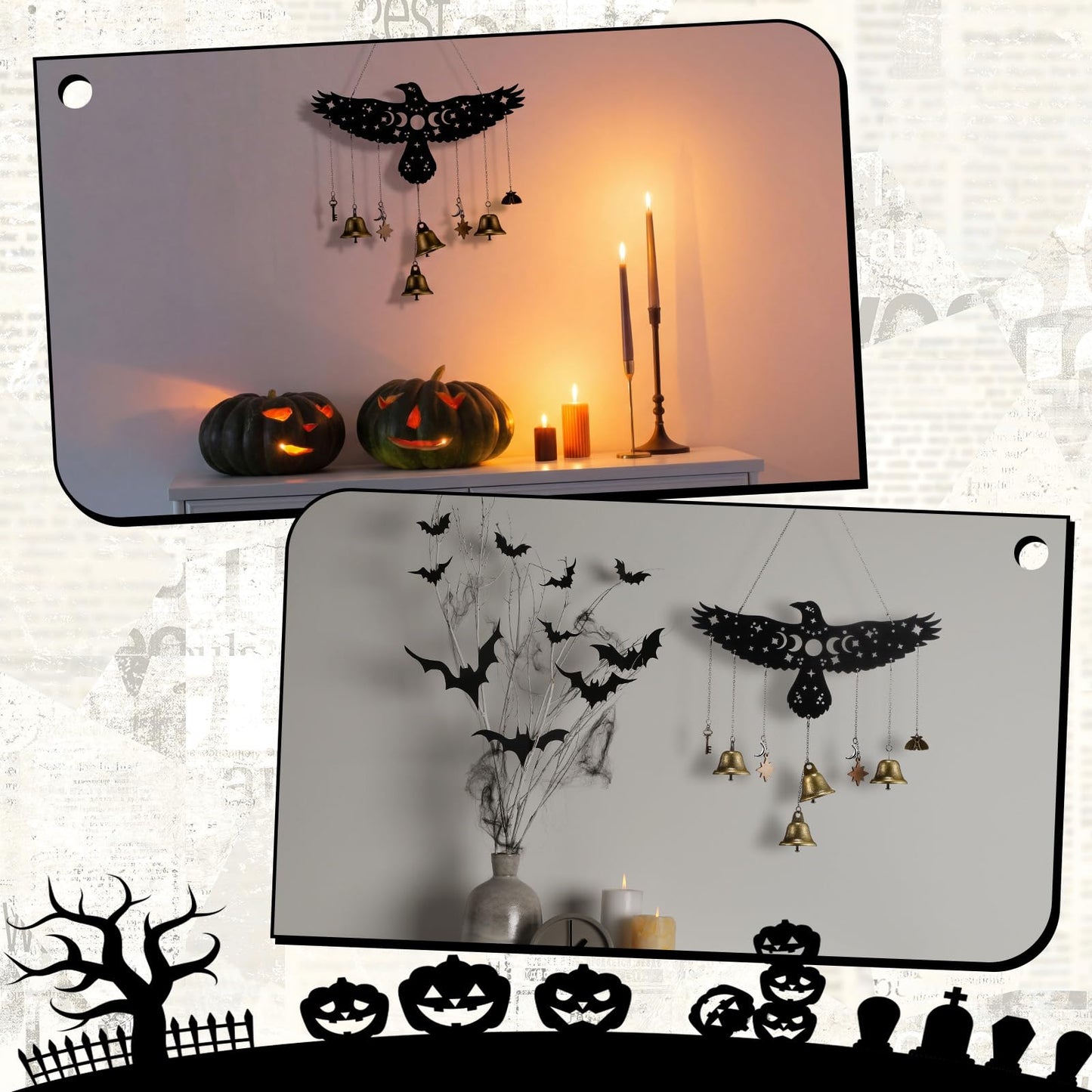 Sliner Raven Witch Bells Wall Hanging Witchy Moon Phase Decor Celestial Gothic Pagan Christmas Halloween Yule Savannah Winter Solstice Spiritual Protection Decor for Home Altar House Warming Gift