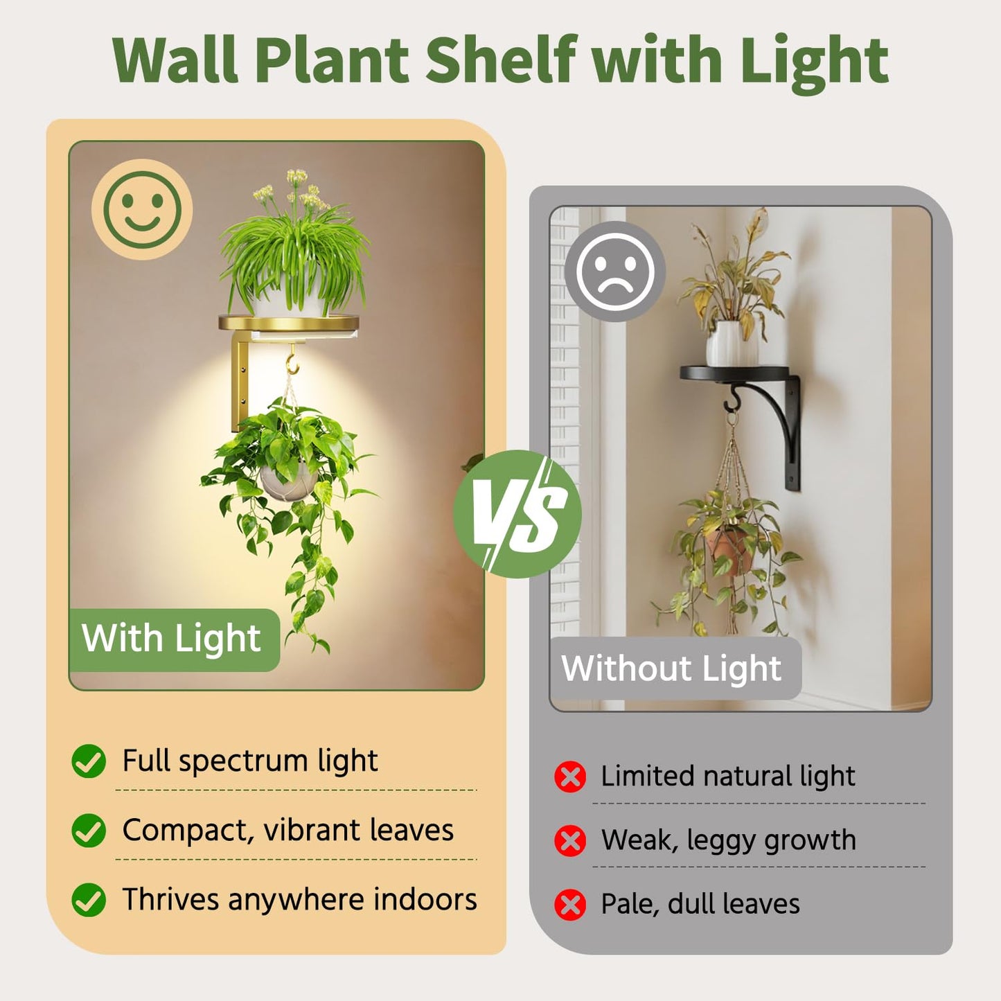LASZOLA Plant Hangers Shelves Wall Mounted Indoor with Grow Lights, Metal Window Plant Holders, 2Pcs Modern Floating Flower Display Stand with 2 Hooks for Outdoor Kitchen Bathroom Decor, Gold