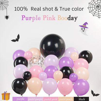 Summerween Halloween Party Decorations with Pink Black Purple Balloon Garland Arch Kit & Cute Bat Ghost mylar foil Balloons for Girls Two spooky Birthday Baby Shower BOO Day Party Supplies Decorations