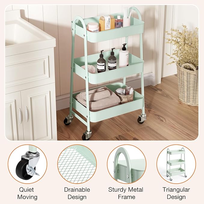 NEWBULIG 3-Tier Metal Rolling Storage Cart, Heavy Duty Mobile Utility Organizer Shelf with Lockable Wheels, Multifunctional Trolley for Daily Supplies, Home Indoor Daily Use, Green