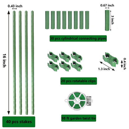 Garden Stakes Kit, 40 Sets 16 inch 0.43" in Diameter Steel Plant Stick Support (with Accessories Total 91 pcs), DIY 3ft 4ft 5ft 6ft 7ft Sturdy Tomato Stakes for Indoor & Outdoor Gardening Supplies