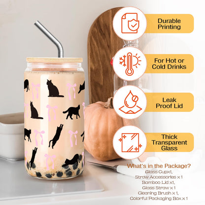 RVEAFA Cute Cat and Bows Iced Coffee Cup Halloween Glass Tumbler Gifts for Women Cat Lovers Gifts for Birthday Halloween Christmas Day, 16oz Glass Cups with Lids and Straw