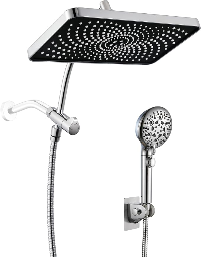 GwernKB Rain Shower Heads with Handheld Spray Combo,Fixed Showerhead&8-Mode Handheld Shower Head with 79 Inches Extra-long Stainless Steel Hose and Low-Reach Adhesive Wall Mount for Elderly