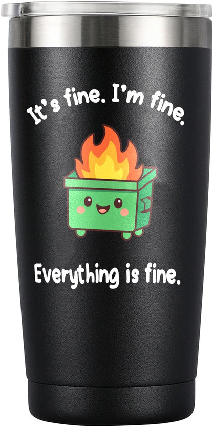 Dumpster Fire Tumbler - 20oz Stainless Steel coffee Mug Tumbler, Christmas Gifts for Women Friends Coworkers Employees, Funny Office Decor Desk Accessories Gifts for Coworkers, Everything Is Fine Mug