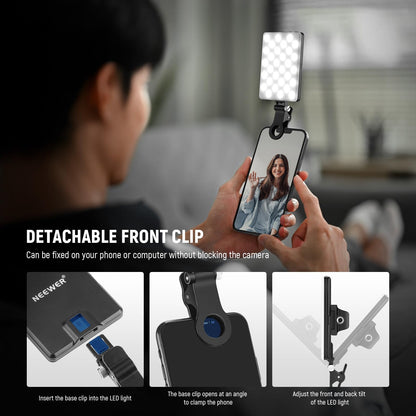 NEEWER Basics NL-60AI Selfie Light for Phone with Front & Back Clip, 60 LED 2000mAh Rechargeable CRI95+, 3 Modes, Portable Clip on Fill Lighting for Tablet Computer Laptop Zoom Call TikTok Video