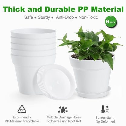 FHWTY 6 Pack 7in Plastic Plant Pots Black & 6 Pack 7in Plastic Plant Pots White