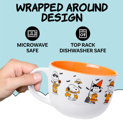 Silver Buffalo Peanuts Halloween Featuring Snoopy (Vampire), Woodstock (Vampire), Charlie Brown (Skeleton), Lucy (Witch), and Linus (Scarecrow) Ceramic Soup Mug, 24 Ounces