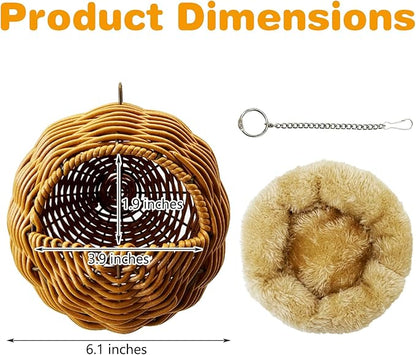 Rattan Birds Nest for Cage Hanging Parakeet House Chewproof Parrot Breeding Bed Small Budgies Hideout Swing Hut Bird Cage Accessories for Lovebirds Cockatiel Conure Finch Canary (Brown)