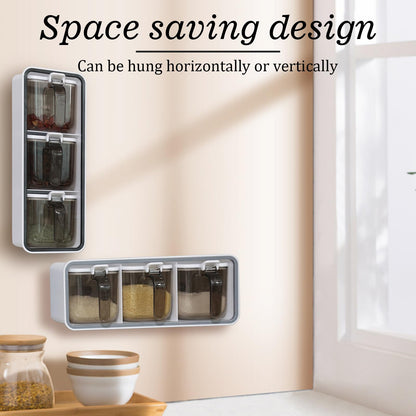 LELE LIFE Wall Mounted Seasoning Box, Set of 3 Seasoning Containers with Lid and Spoon, Self Adhesive Clear Condiment Jars Pots for Spice Sugar Salt Pepper (white)