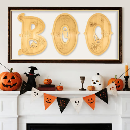 Nsoyos 3PCS Wooden Halloween Charcuterie Board Set - Boo Letters (with 14 Balloons) - Halloween Party Table Decoration & Food Tray Platter