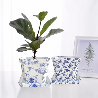 SEUCRWAX 4 Inch Plant Pots Square Plastic Decoration,Flower Pots Retro Design,Flower Pot with Drain Hole and Tray,for Outdoor Indoor Garden Valentine's Day Plants (Blue and White,4pcs)