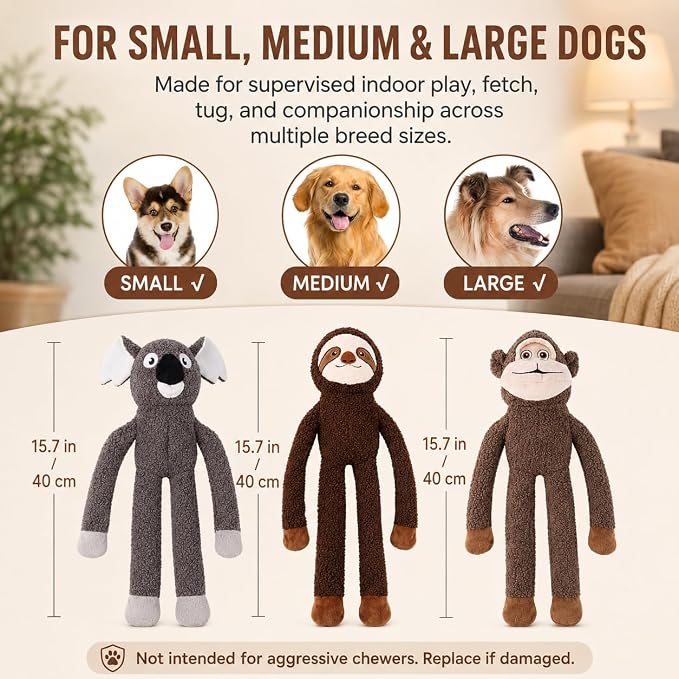 No Stuffing Dog Toys, 3-Pack Squeaky Crinkle Set | 3-pack stuffing-free plush dog toys with squeakers and crinkle sound for supervised indoor play, fetch, tug, and teething