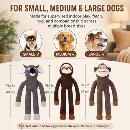 No Stuffing Dog Toys, 3-Pack Squeaky Crinkle Set | 3-pack stuffing-free plush dog toys with squeakers and crinkle sound for supervised indoor play, fetch, tug, and teething