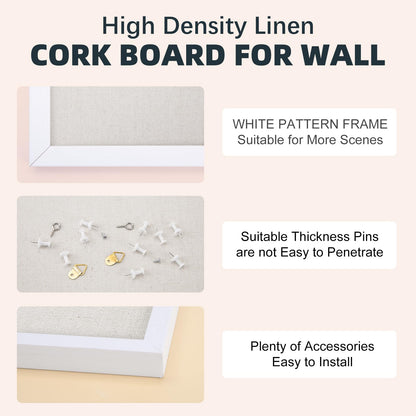 OWLKELA 12"x16" inch Bulletin Board with Linen, White Wood Style Frame, with 10 Pushpins, Linen Cork Board, Ideal for School, Home & Office
