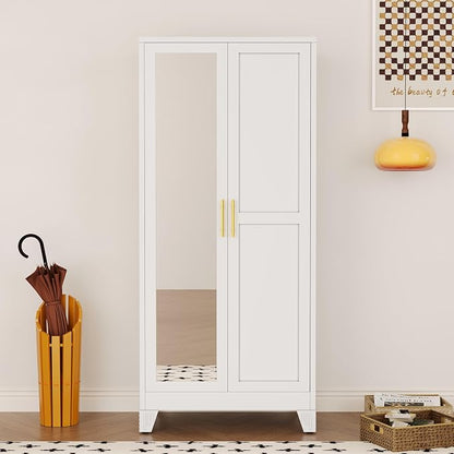 71" Metal Armoire Wardrobe Closet, Steel Clothing Storage Cabinet with Mirror and Adjustable Shelves, Household Steel Wardrobes Storage Cabinet with Adjustable Standing Feet and Hanging Rod（White）